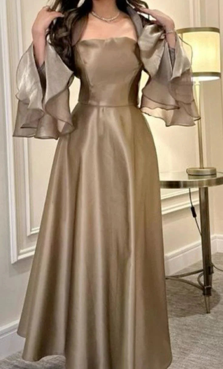 TingPo Wholesale Elegant Sexy A line Square Neckline Long Sleeves Chiffon Champagne Prom Dress Long Evening Dress